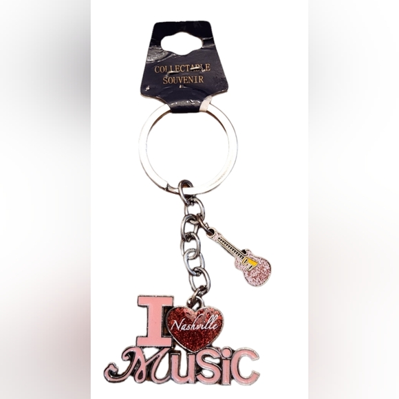 NWT I Love Nashville Music Keychain w Pink Glitter Guitar Charm - Picture 1 of 2
